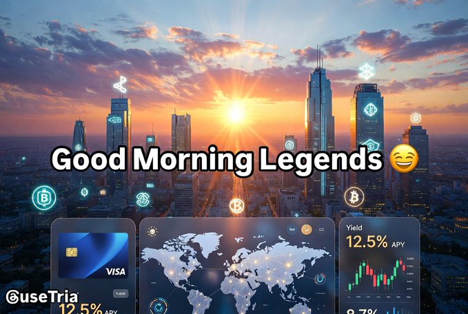The image features a city skyline with a sunrise, surrounded by clouds. The sun is shining brightly over the buildings, creating a beautiful backdrop for the scene. In the foreground of the image, there are icons representing Bitcoin transactions, indicating that this is related to cryptocurrency or blockchain technology. The text "Good Morning, Legends!" appears in the top left corner and "Good Morning, Legends!" again at the bottom right corner, suggesting that it's an advertisement promoting a new app called "useTria".