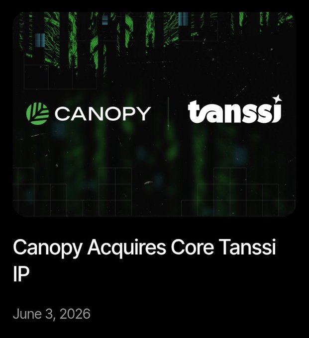 A graphic announces "Canopy Acquires Core Tanssi IP" dated June 3, 2026, featuring the Canopy and Tanssi logos against a dark, digital background. The image supports the post's claim that Canopy isn't just a chain launchpad but has strengthened its capabilities by acquiring Tanssi's core infrastructure, including sequencer orchestration, appchain deployment technology, and Ethereum bridge systems.