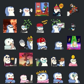 A grid of 25 cartoon penguin stickers in various poses and outfits, including hats, sunglasses, and costumes like a wizard and Batman, with speech bubbles reading "THAT'S A CAP" and "HAHA".