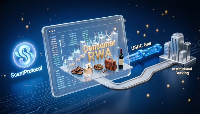 A digital 3D graphic displays the 'ScentProtocol' logo alongside a screen showing 'Consumer RWA' charts, connected by a glowing 'USDC Gas' pipe to buildings labeled 'Institutional Backing'.