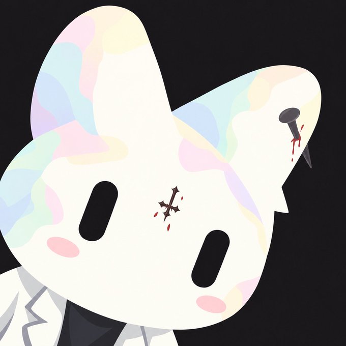 An illustration of a cute cartoon character with pastel-colored features that has a nail and a cross pierced into its face, with blood dripping.