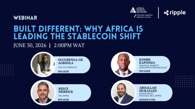 The image features a poster or banner with four men's headshots, each wearing a tie, positioned against a blue background. The text on the poster reads "Built Different; Why Africa is Leading the Stablecoin Shift". This suggests that the poster is promoting an event related to the emerging use of stablecoins in Africa and how they are leading the way for financial innovation.