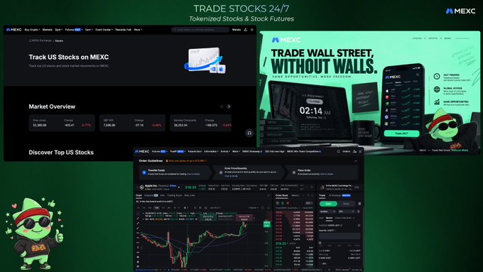 A promotional graphic for MEXC trading platform advertising "TRADE STOCKS 24/7" and "TRADE WALL STREET, WITHOUT WALLS," showing stock market interfaces and a frog mascot with sunglasses.