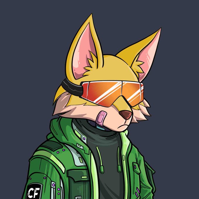 A digital illustration of an anthropomorphic fox character with yellow fur, wearing orange reflective ski goggles and a futuristic green jacket over a dark shirt.