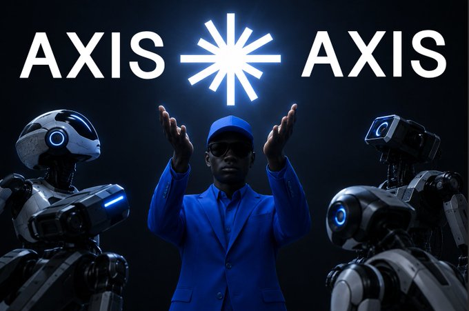 A promotional image featuring a man in a blue suit and cap with raised hands beneath an 'AXIS' star logo, flanked by two white and black humanoid robots against a dark background.