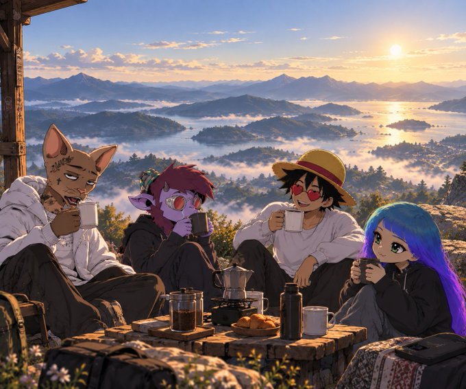 An anime-style illustration of four characters, including anthropomorphic animals, drinking from mugs around a wooden table while overlooking a misty mountain landscape at sunrise.
