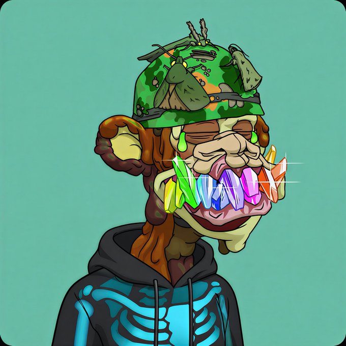 A digital illustration of a character with a monstrous face wearing a green leafy helmet, large ears, and rainbow-colored crystal teeth, dressed in a black hoodie with a blue ribcage design, against a teal background.