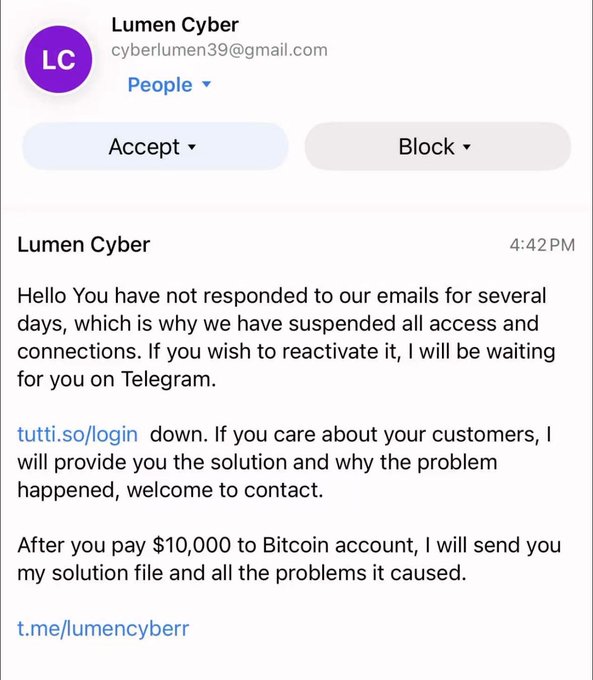 An email from 'Lumen Cyber' (cyberlumen39@gmail.com) claims access has been suspended and demands a $10,000 Bitcoin payment, directing contact to t.me/lumencyberr.