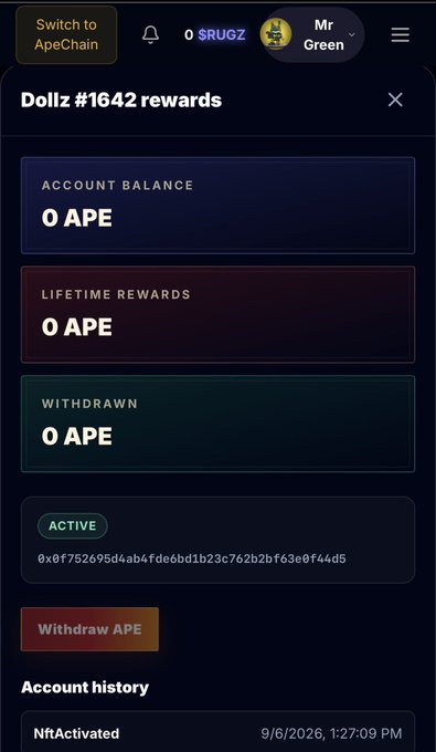 A mobile app interface displays 'Doliz #1642 rewards' with account balances showing '0 APE' for balance, lifetime rewards, and withdrawn amounts, along with an option to 'Withdraw APE'.