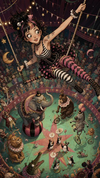 An illustration of a gothic girl on a trapeze wearing a striped and polka-dot outfit, performing in a circus with animals like an elephant, bear, and zebra in the ring below.