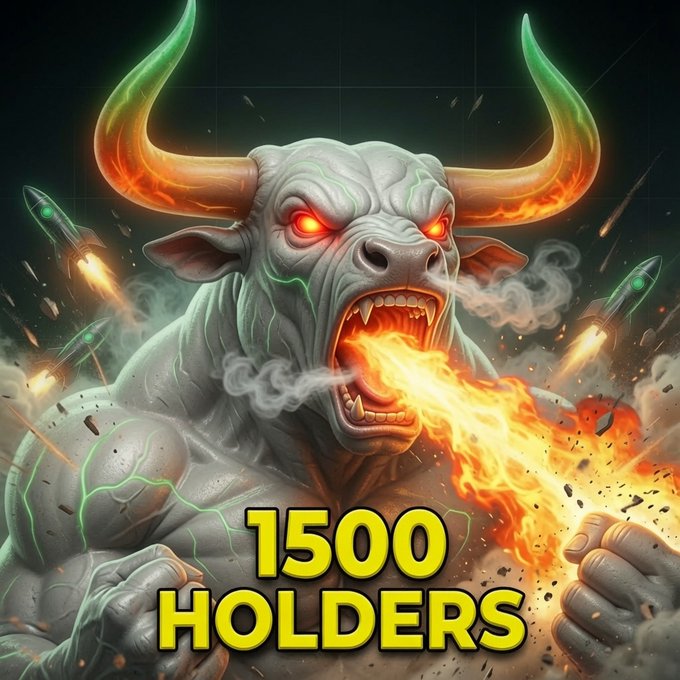 A fierce bull-like creature with glowing red eyes breathes fire against a dark background, with text '1500 HOLDERS' at the bottom.