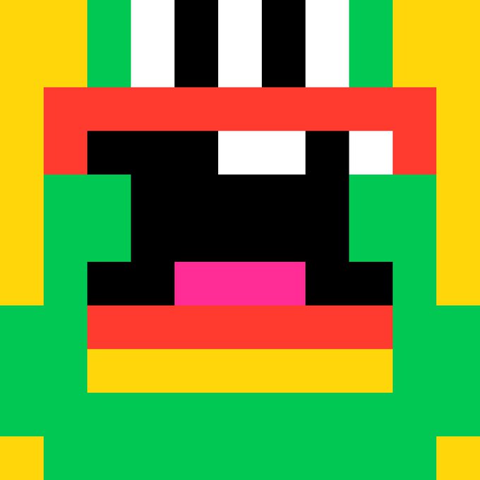 A simple pixel art face featuring a wide black mouth with a white rectangle inside, a pink rectangle below it resembling a tongue, red borders, green and yellow surrounding sections, and vertical white and black stripes at the top.