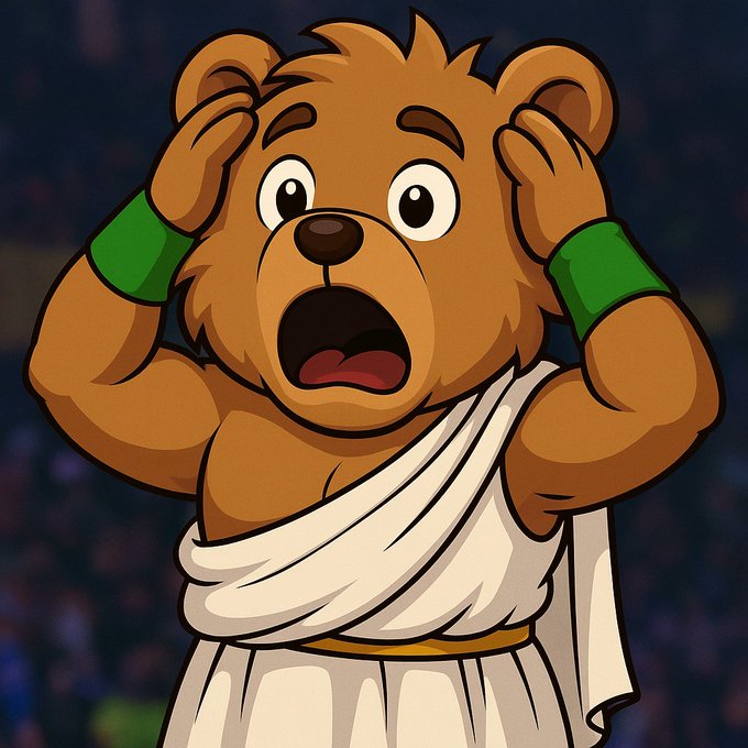 A cartoon illustration of a shocked-looking brown bear character wearing a white toga and green wristbands, with its hands on its head and mouth open in surprise.