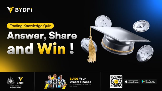 The image is a promotional banner for BYDFi's "Trading Knowledge Quiz" campaign, featuring the tagline "Answer, Share and Win!" alongside a graduation cap and cryptocurrency coins (Bitcoin, Ethereum, Tether), with the Newcastle United partnership logo and app download QR codes for App Store and Google Play at the bottom.

It directly supports the post by visually advertising the quiz event running from July 21–31, 2026, and inviting users to take the quiz and win rewards.