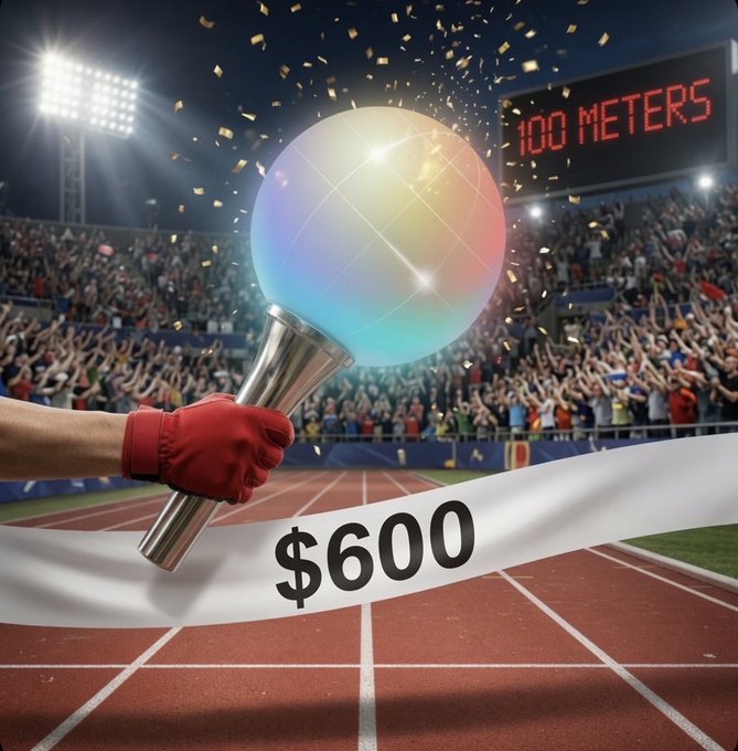 A hand wearing a red glove holds a glowing trophy at a stadium track finish line, with confetti and a '$600' banner displayed.