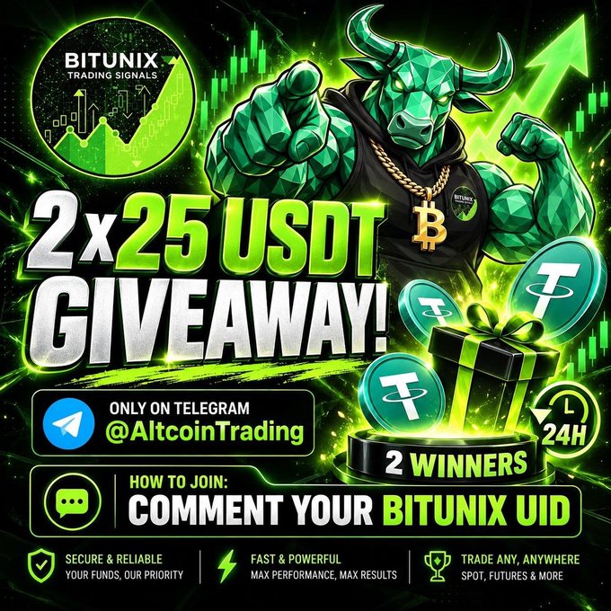 A promotional poster for 'BITUNIX TRADING SIGNALS' advertising a '2x25 USDT GIVEAWAY' on Telegram at '@AltcoinTrading', instructing participants to 'COMMENT YOUR BITUNIX UID' to win from 2 winners.