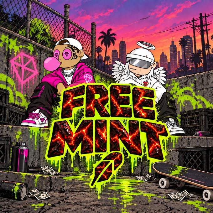 A vibrant, graffiti-style illustration with the text 'FREE MINT' in the center, depicting two cartoon characters sitting against a chain-link fence with a city skyline and sunset in the background.