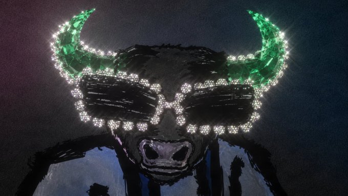 A digitally edited image of a bull with bright green glowing horns and a decorative mask-like outline made of sparkling lights across its face.