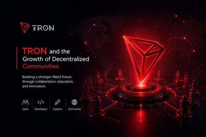 A TRON promotional image with a red glowing diamond logo, titled 'TRON and the Growth of Decentralized Communities,' highlighting Users, Developers, Creators, and Community.