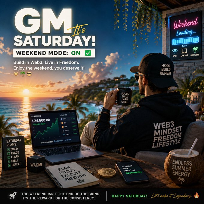 A promotional graphic reads 'GM It's SATURDAY! WEEKEND MODE: ON' with text like 'Build in Web3. Live in Freedom.' and 'WEB3 MINDSET FREEDOM LIFESTYLE' displayed alongside a man at a laptop overlooking a tropical sunset.