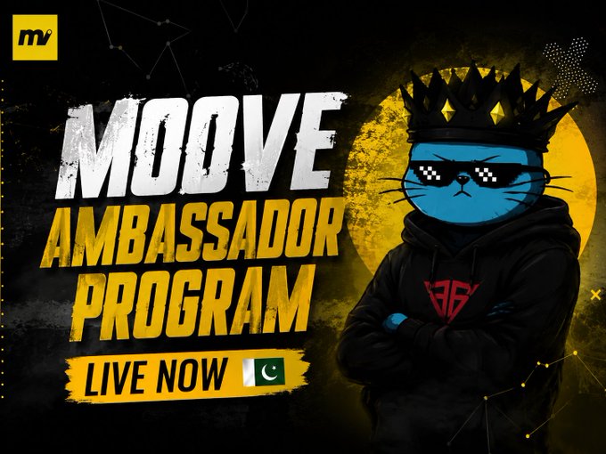The image is a promotional graphic for the "MOOVE Ambassador Program," featuring a stylized blue cat mascot wearing a crown and pixelated sunglasses in a black hoodie, with text announcing "LIVE NOW" alongside a Pakistani flag. It directly supports the post's announcement by visually highlighting that the ambassador program is open for Pakistani creators, with the flag emphasizing the target audience.