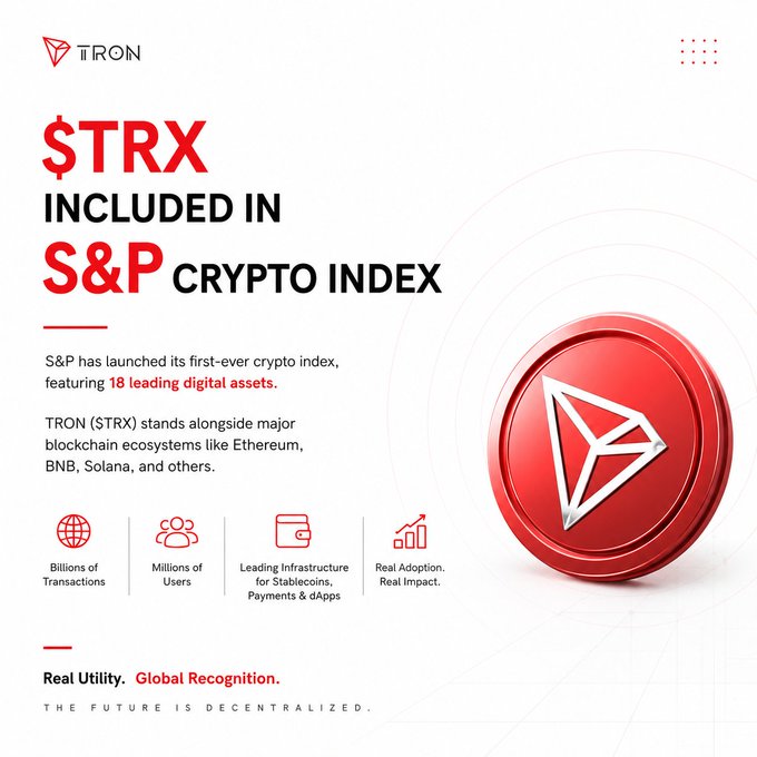 A promotional graphic for TRON ($TRX) announcing its inclusion in the S&P Crypto Index, which features 18 leading digital assets alongside Ethereum, BNB, and Solana.