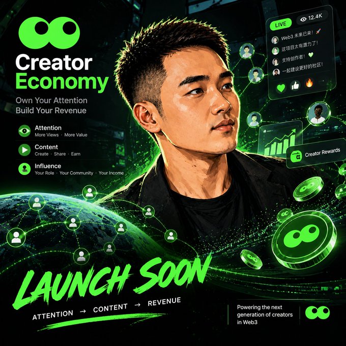 A promotional graphic for a "Creator Economy" Web3 platform, featuring a man with short hair and various icons related to attention, content, and revenue.