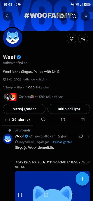 A screenshot of a social media profile for the 'Woof' token (@thewooftoken) on a platform, featuring a Shiba Inu logo, the description 'Woof is The Slogan. Paired with SHIB', and a pinned tweet with a crypto wallet address.