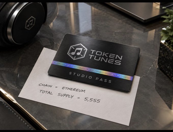 A black 'TOKEN TUNES STUDIO PASS' card with a holographic stripe rests on a marble surface atop a handwritten note stating 'CHAIN = ETHEREUM' and 'TOTAL SUPPLY = 5,555'.