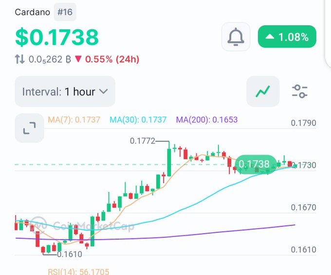The Cardano ($ADA) price is displayed as $0.1738 with a 1.08% increase, shown on a 1-hour interval chart with moving averages. This aligns with the post's optimistic outlook on the cryptocurrency's performance.