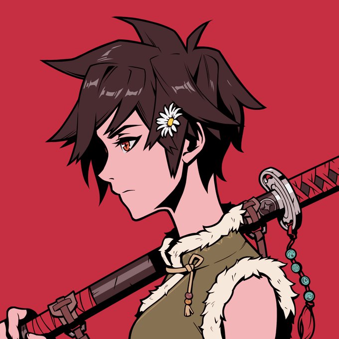 Anime-style illustration of a dark-haired character with a daisy in their hair, carrying a sword on their back against a red background.