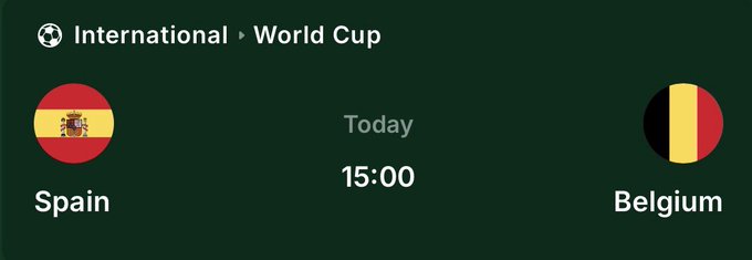 A match card shows Spain vs Belgium in an International World Cup fixture scheduled for today at 15:00, serving as the fixture for a prediction contest where 2 winners will be rewarded for correctly guessing the final score, with results announced within 24 hours.