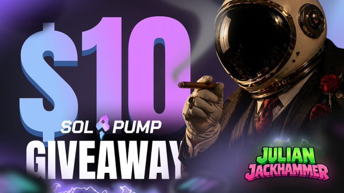 The image features a man wearing an astronaut suit, holding a cigar, with the text "SOL Pump" written above him. Below this, there are two options for entering the contest: enter via social media or email. The post also mentions that the contest is sponsored by Sol Pump and Julian Jackhammer.