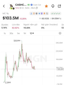 A cryptocurrency chart showing 'CASHC... Cash Cat' at $103.5M, down 5.25%, with a market cap of $4.05M and a 24-hour price chart displaying 320.9M volume.