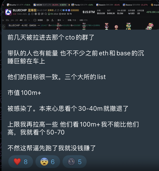 The image shows a screenshot from a crypto trading interface (DexeTools) displaying the $BLUECHIP token, alongside a Chinese-language message from someone discussing being invited to a CTO (Community Takeover) group, mentioning goals of reaching a $100M+ market cap across three major exchanges, and planning to hold for a 50-70M range. The post's casual FOMO tone contrasts with the image's serious discussion of coordinated trading targets and listing strategies.
