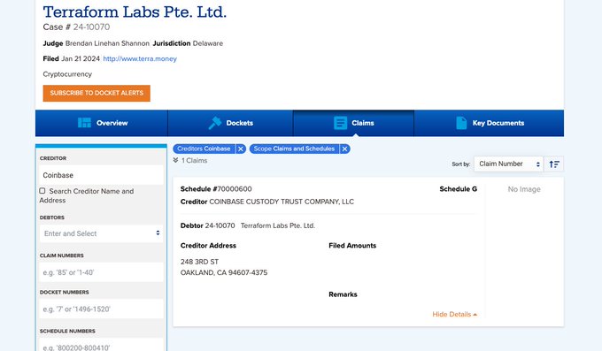 A webpage screenshot from tera.money showing case details for Terraform Labs Pte. Ltd. (Case # 24-10070, Judge Brendan Linehan Shannon), with a Claims section displaying Schedule G for Creditor Coinbase Custody Trust Company, LLC.