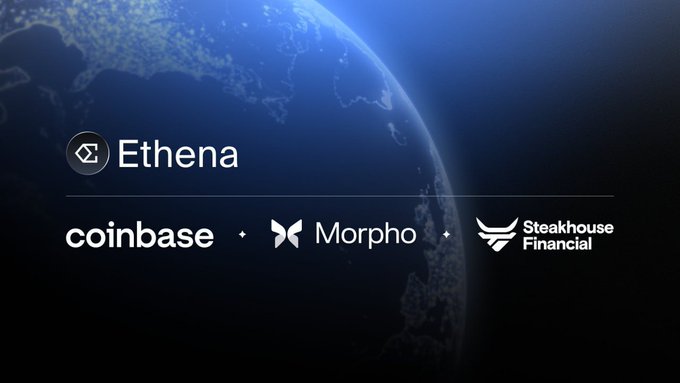 The image features a logo for a cryptocurrency called @Ethena, which is associated with coinbase. The logo includes a globe and the words "coinbase" written below it. Below this, there are three different logos representing other companies: @Coinbase, @Morpho, and @SteakhouseFi. These logos indicate that the image is related to the post about the partnership between coinbase and @SteakhouseFi. The text in the image reads "The first product of the @Ethena Coinbase partnership has been officially launched! @Coinbase users can access competitive".