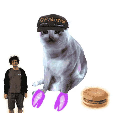 A surreal digital collage featuring a white cat wearing a black Palantir-branded visor, flanked by a cartoon figure of a man with a mustache on the left and a cookie on the right.