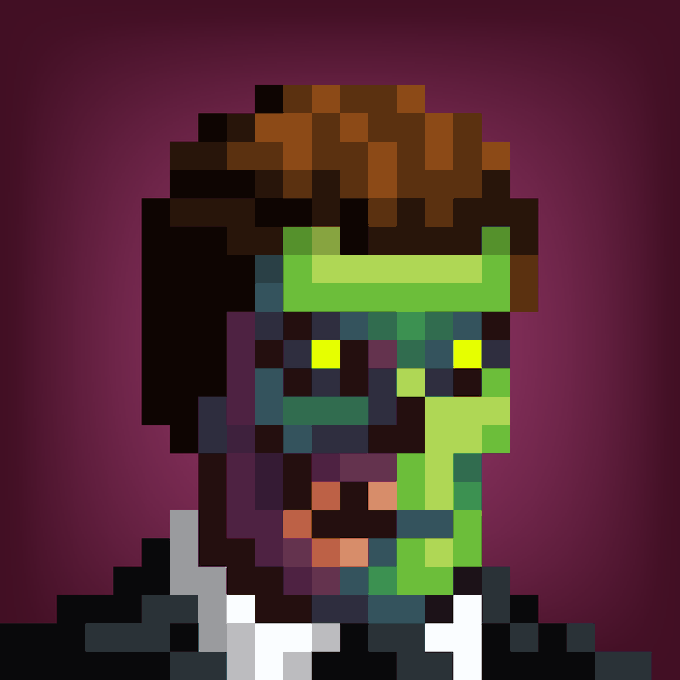 A pixel art portrait of a character with a green face and brown hair against a purple background, resembling a retro video game zombie or monster.