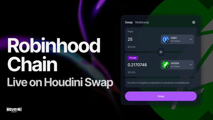 A promotional graphic announcing "Robinhood Chain Live on Houdini Swap," featuring a dark-themed interface screenshot of the Houdini Swap platform showing a token swap of 25 USDC (~$25.00) for 0.2170748 HOODX (~$25.00) on Solana, alongside the Houdini Swap logo.