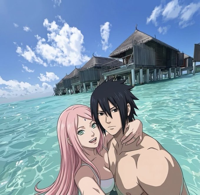 An anime illustration of a pink-haired girl and a dark-haired man embracing in turquoise ocean water, with traditional stilted overwater bungalows visible in the background under a blue sky.