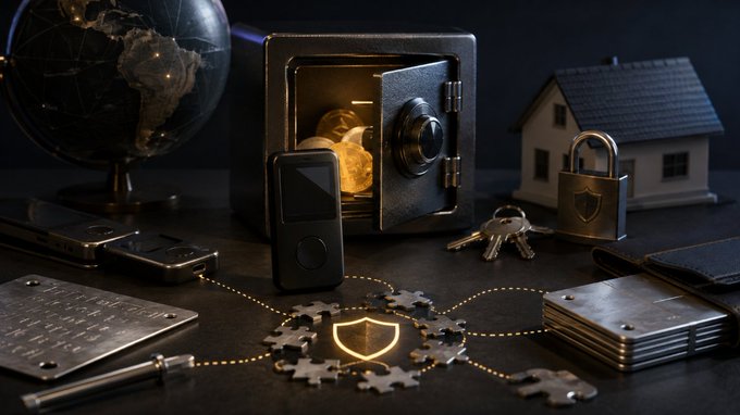 A 3D rendered image depicting digital security concepts, featuring an open safe with gold coins, a house model, a padlock, keys, a hardware wallet, a globe, and a glowing shield emblem connected by dotted lines.