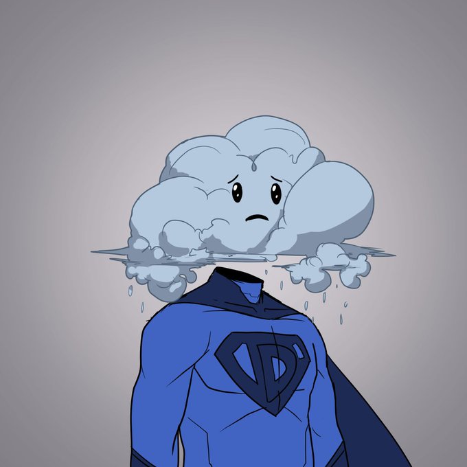 A digital illustration depicts a sad, rainy cloud with a face as a head for a superhero character wearing a blue suit and cape with a 'D' emblem.