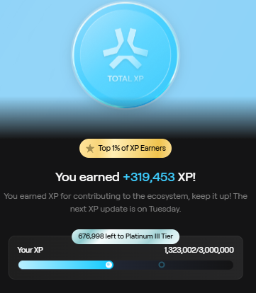 App screen showing 'TOTAL XP' achievement notification: 'You earned +319,453 XP!', placing the user in the Top 1% of XP Earners, with 1,323,002/3,000,000 XP and 676,998 left to Platinum III Tier.