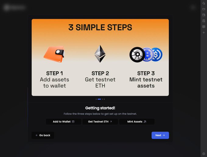 A digital interface displays a graphic titled '3 SIMPLE STEPS' with instructions to 'Add assets to wallet,' 'Get testnet ETH,' and 'Mint testnet assets,' featuring icons for MetaMask, Ethereum, and other cryptocurrencies.