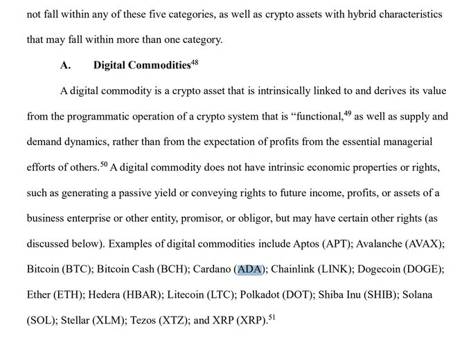 A document excerpt defining 'Digital Commodities' as a category of crypto assets, listing examples including Aptos (APT), Avalanche (AVAX), Bitcoin (BTC), Bitcoin Cash (BCH), Cardano (ADA), Chainlink (LINK), Dogecoin (DOGE), Ether (ETH), Hedera (HBAR), Litecoin (LTC), Polkadot (DOT), Shiba Inu (SHIB), Solana (SOL), Stellar (XLM), Tezos (XTZ), and XRP (XRP).