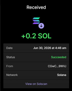 A transaction confirmation showing a successful receipt of +0.2 SOL from address CGwC...9WVJ on the Solana network, dated Jun 30, 2026 at 4:46 am. This matches the post's announcement of purchasing 2 million $WAIFU tokens for 0.2 SOL, serving as proof of the completed buy transaction.