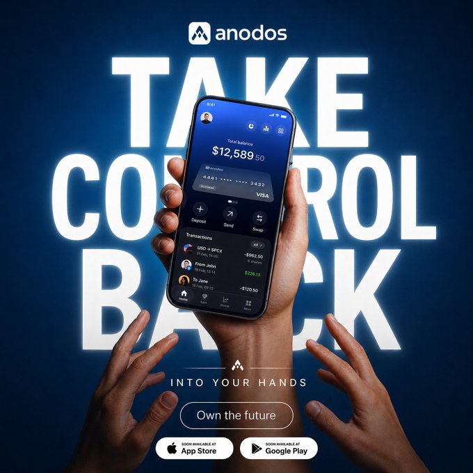 A promotional image showing two hands cradling a smartphone displaying the Anodos banking app interface, with a total balance of $12,589.50, a virtual Visa card, and transactions including a $962.50 USD → SFCX transfer. The bold text behind the phone reads "TAKE CONTROL BACK," with "INTO YOUR HANDS" and an "Own the future" call-to-action linking to the App Store and Google Play, reinforcing Anodos's message of decentralized, user-controlled banking.