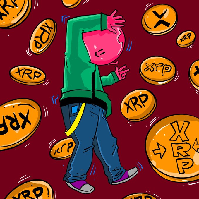 A cartoon illustration of a person in a green hoodie, blue jeans, and purple sneakers dancing among falling gold XRP cryptocurrency coins on a red background.
