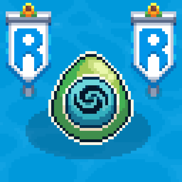 A pixel art illustration features a green and teal "Yakkamon Egg" with a spiral design, flanked by two decorative banners on a blue background, representing the 3,963 Yakkamon Egg NFTs that have found homes ahead of the Ronin Wave launch.
